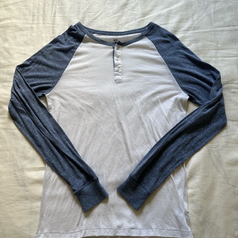 Blue and White Long Sleeve Henley Shirt